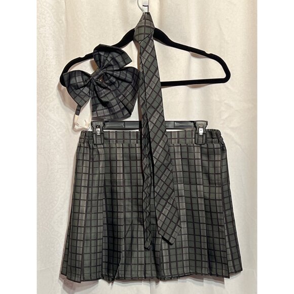 Plaid School Girl Costume Set M Includes Skirt Tie Bow & Black Thigh-High Stocki - Picture 3 of 7